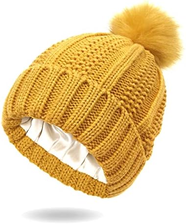 Микоп зимска плетена капаче мека топла сатенска обложена скијачка капа со пом пом за девојчиња и жени