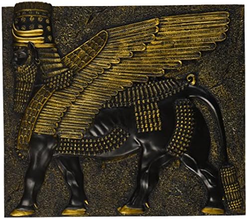 Дизајн Тоскано Асирски крилен бик wallид скулптура, 10 инчи, црно и злато