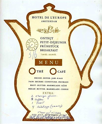 Мени во облик на тенџере за кафе во хотел де Л'Европа, Амстердам Холандија 1960 -тите