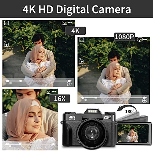 Дигитална камера за фотографија, фотоапарати 4K 48MP Vlogging за YouTube со WiFi, 3-инчен флип-екран од 180 степени, 16x дигитален зум, 52мм широк