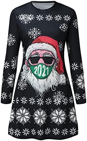 Божиќни фустани за жени Зимска снегулка мода Силм симпатична елен цветна графичка долга ракав замав мини фустан