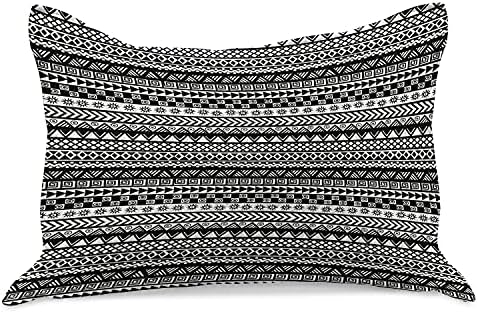 Ambesonne Aztec плетен ватенка Pemlowcover, монохроматски геометриски племенски мотиви за сонце и триаголници, илустрација на перница со големина на кралот за спална соба, 36 x 20