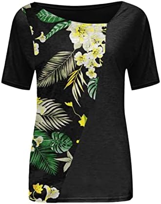 Женски летни врвови модни обични туники врвни лабави лабави блуза со краток ракав Неправилен V вратот од цветните кошули за печатење на цветници