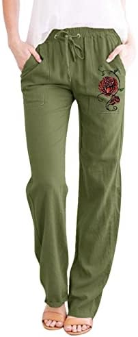 ЕТКИЈА ЖЕНСКИ Ленени Панталони Права Нога Мода Со Висок Струк Лен Панталони Со Џебови Женски Еластични Половини Панталони