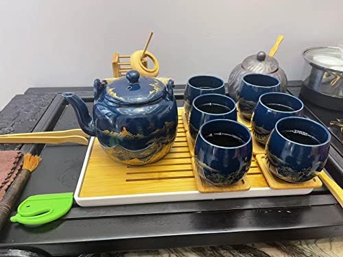 Јапонски чај сет, црн застаклен чај поставен во кутија за подароци со 1 чајник, 1 чај цедалка, 1 сад за чај и 6 чаши чај. Идеален