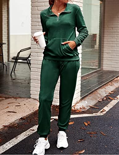 Hotухуч женски велур тренер за долги ракави потти поставува 2 парчиња џогирање на џогирање на џогирање на полу-зип облека со џеб