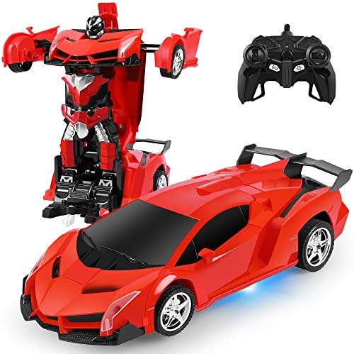 Далечински управувачки автомобил, играчка за 3-8 годишни момчиња, 360 ° ротирачки RC деформација роботски автомобил играчки со LED светло,