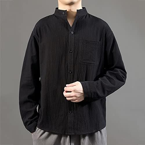 2022 Нови кошули за мажи Обични машки солидна кошула џеб единечен штанд јака јака долга есенска мода плус големина мажи