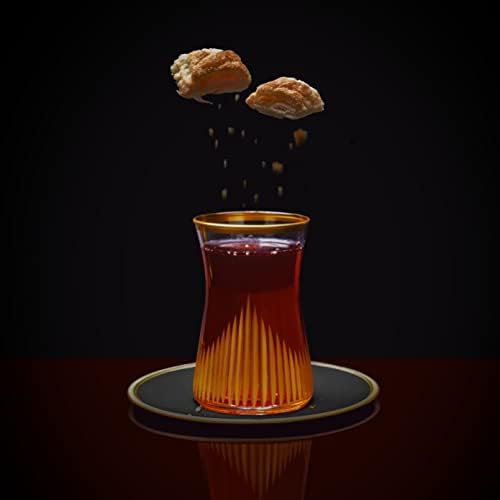Декостил, турски сет на чај, чај стакло и плоча, 12 парчиња, мат злато, чај време гроздобер рачно изработен сет, мајстори на турски стакло,