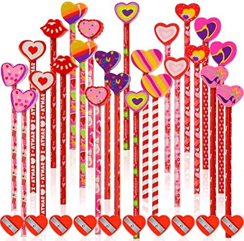 58 Парчиња асортиман На Моливи за денот На Вљубените Со Топер За Бришење Срце, Дрвени Моливи Со Шарена Џиновска Гума за Бришење И Острилки