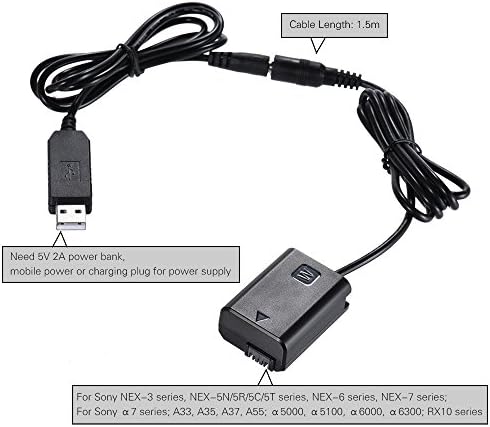 Замена на батеријата на Xixian NP-FW50 Dummy + DC USB адаптер за замена за AC-PW20 за NEX-3/5/6/7 Серија A33 A37 A35 A55 A7R A7II A6000