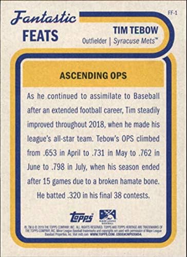 2019 Топпс Херитиџ Малорити Фантастични подвизи #FF-1 Tim Tebow RC Rokie Syracuse Mets Mets Baseball Trading Card