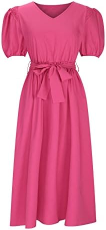 Hенски летни фустани на HCJKDU 2023 V вратот кратки ракави за ракав вратоврска миди фустан лабава цврста боја Елегантен обичен фустан