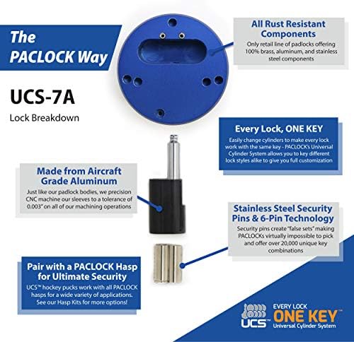 UCS-7A/779 Paclock Hasp and Puck Combo комплет, купете американски чин во согласност, помалку цилиндар, сина анод. Пак, двојно обложен бел HASP