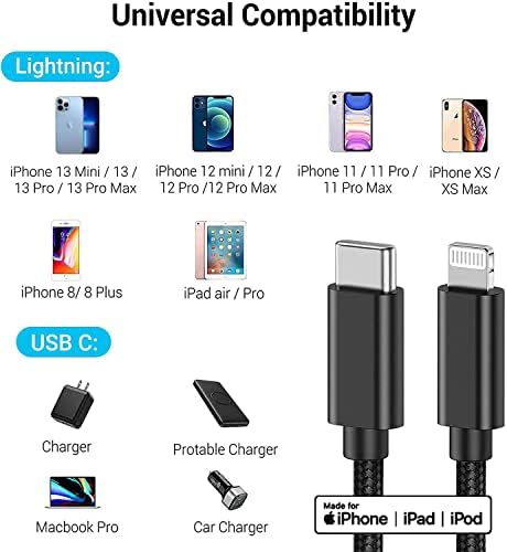 USB C До Молња Кабел 3/6/10FT [Mfi Сертифициран] Novtech 3 Пакет 3A Супер Брз Iphone Полнач, Брз Плетенка Тип C Кабел За Полнење за iPhone