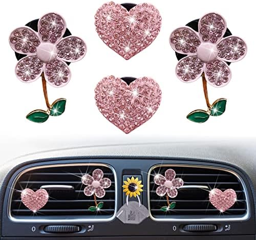 Клипови за проветрување на цвеќиња и срцев воздух, 4 парчиња розови маргаритки за автомобили освежувачи на воздухот за отвори за вентили