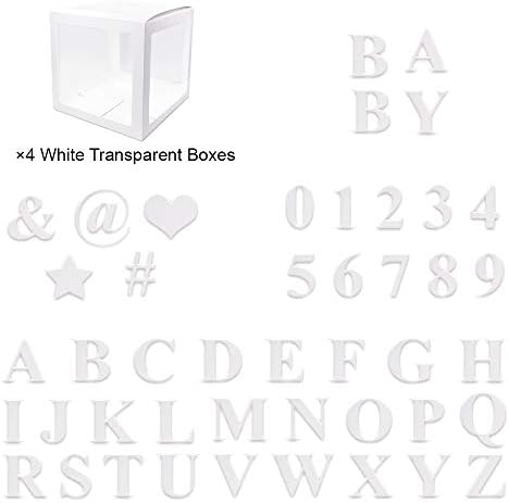 4 парчиња Бели Проѕирни Балони Кутии со 30 Букви 10 Броеви 5 Симболи, 49 парчиња Материјали За Комплети За Украси За Забави, Момчиња Девојчиња Роденден Туш За Бебиња Пол