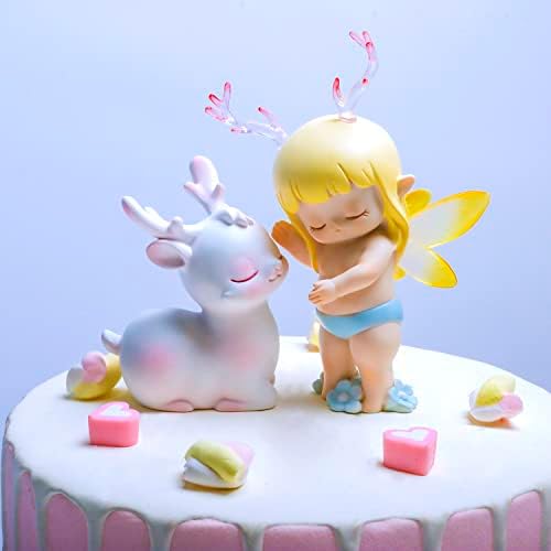 Бебе девојче торта Топер, жолт ангел, фигура на девојки со елени, смола од смола, елфини модел Девојче со крилја за торта за занаетчиски занаети