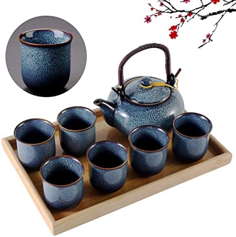 Dujust Јапонски чај сет за 6, изменет чај од печка од порцелански чај со 1 чајник, 6 чаши чај и 1 сад за чај, уникатен кинески чај сет