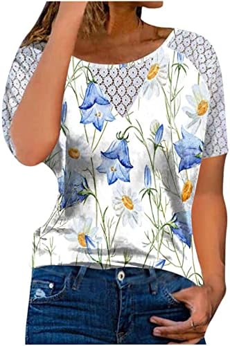 Womenените цветни печатени врвови летни обични маици со кратки ракави лабави лабави врвови чипка капчиња околу вратот Туника Туника фустани блузи