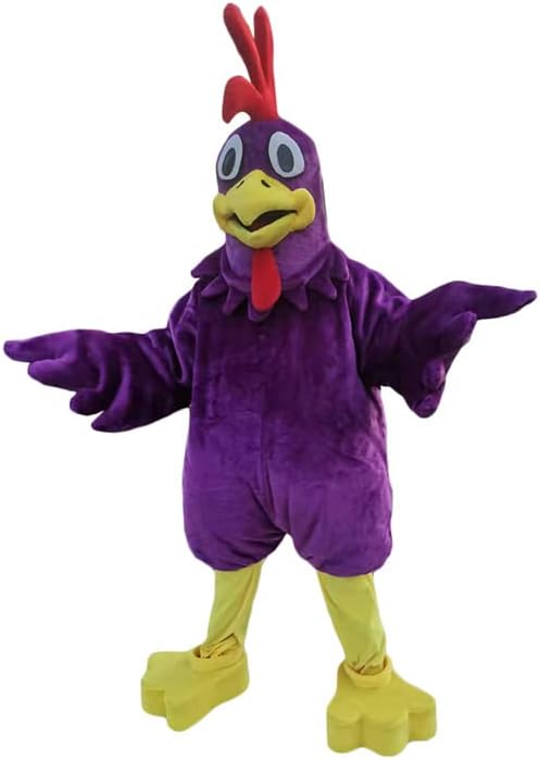 Виолетова пилешка кокошка петел во костуми за маскота за празнични возрасни космеј