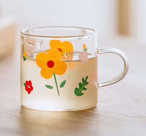 Емои Сончоглед Декоративни Стаклени Чаши За Кафе Комплет од 4 Проѕирни Чаши За Еспресо со Рачка За Пиење Стакларија за Млеко Топло Чоколадо