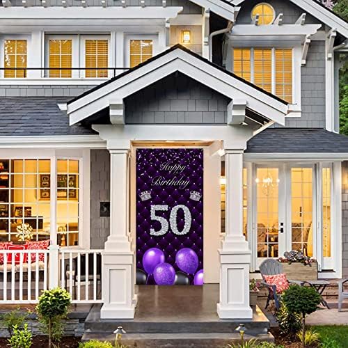 Среќен 50 Ти Роденден Виолетова Банер Позадина Фото Кабина Реквизити Балони Сребрена Круна Тема Декор За Жена Педесетгодишнина 50