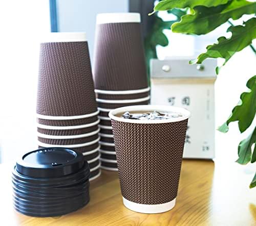Елегантни еднократна употреба 40 комплети со двојни wallидови за еднократна употреба топла чаши со капаци, кафеава хартија за бран за да одат чаши за кафе