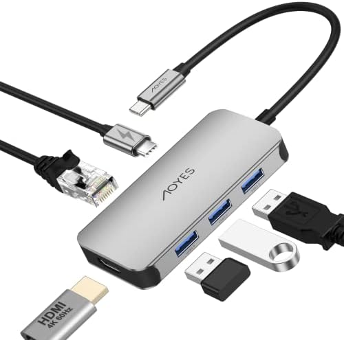 USB C Hub, USB C До HDMI 4k@60hz Адаптер, Aoyes 6-во-1 USB C Dongle, USB Центар СО 1000m Етернет, 100w Испорака На Енергија, 3 USB 3.0 Порти,