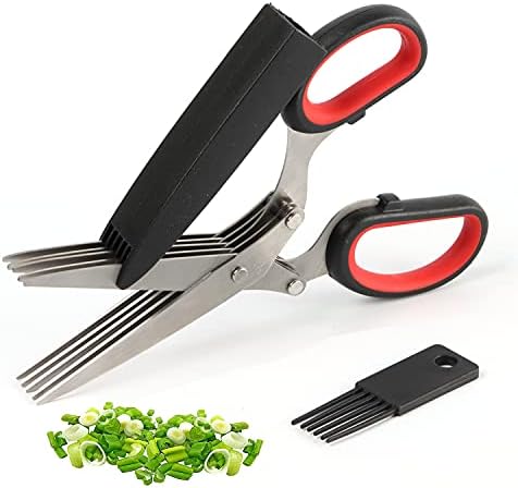 Хербални ножици, кујна разноврсна, кул за брзо сечење градинарски зеленчук хартија сечење со 5 лопати од не'рѓосувачки челик и безбедносно