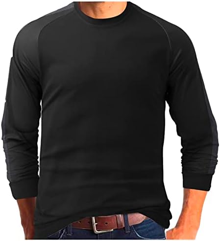 Менс пролетни маици со долги ракави Вафли плетена страна лента за крпеница тенок вклопат врвови на екипаж модна обична маица
