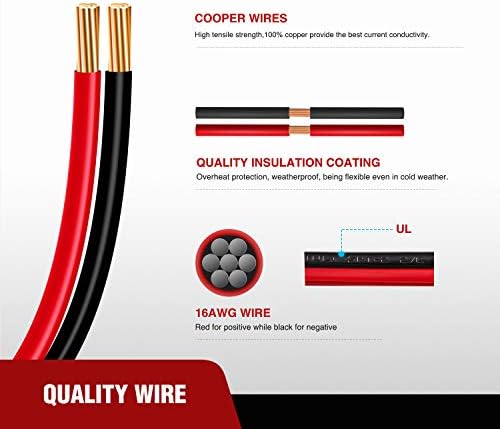 Nilight 50037R 12ft кабел DC продолжено кабел 16awg 2 пински жица со жица со 12V-24V Брзо поврзување/исклучување на SAE конекторот со капаче за прашина, 2 години гаранција, црвена, црн