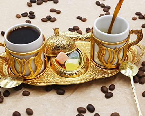 Küchengerate Premium Gold Turky Cafe Serving Mini сет - сет од 9 - со 100g класично турско кафе 6 мл тенџере 2 чаши со чинии мини овална послужавник