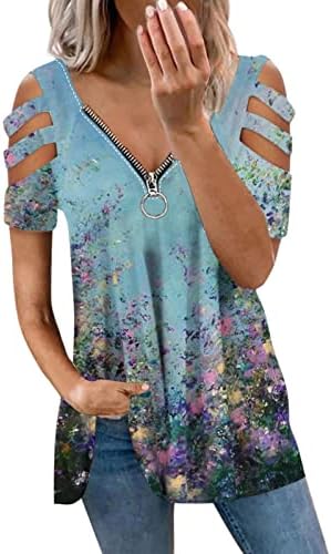 Lcepcy ладно рамо врвови за жени zip v вратот Туника цветна печатена отсета од рамо-блузи летни обични маици