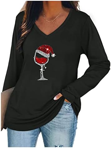 Божиќни кошули за жени со долг ракав против вратот Туника Туника врвови искријќи сјајно вино печатење маица лабава лесен празник врвови