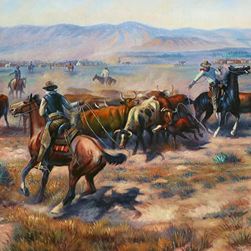 Репродукција на рачно насликано масло за сликање на Чарлс Мерион Расел, американски западен пејзаж, каубои што ја добиваат добиток, ранч сцена