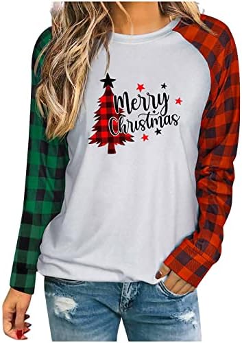 Божиќни кошули за жени Смешна елка елка маица блуза со двојно-тон со долги ракави карирани џемпери