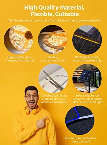 Aitsuo 16.4ft Solar LED ленти светла на отворено, топло бело 3000K Flexible Flexible Tape светла, 8 режими на осветлување,