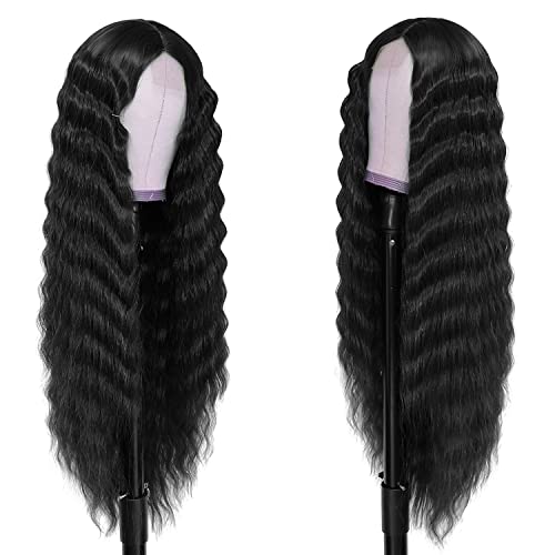 Instastyle 30 инчи синтетички кадрави перики за жени долга црна коса перика од чипка пред 4 симулирани скалпот природно лабава длабока бранови