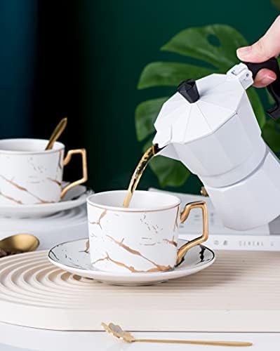 Јусалфа Послужете од 4-Рачно Печатени Златни Мат Керамички Мермер Чај Кафе/Чај Чаши Со Лажици И Држач За Чаши, 7ОЗ-TCS26