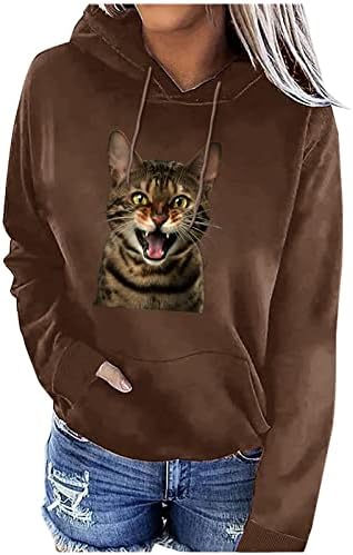 Oplxuo 3d Качулки За Печатење Мачки Блузи За Жени Обични Долги Ракави Симпатични Графички Дуксери Пуловер Блуза За Љубител На Мачки