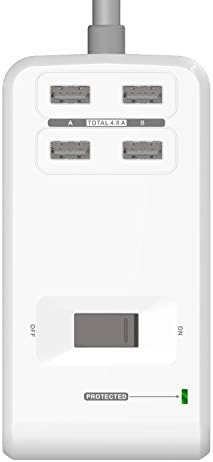 Accell Power U - Заштитник на затегнување со 6 места за наизменична струја и 4 пристаништа за полнење USB -A, UL овластен, бело
