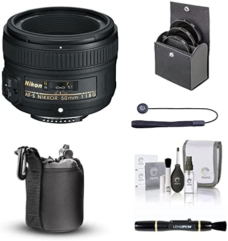 Nikon 50mm f/1.8g AF-S Nikkor леќи, пакет со прооптички комплет за филтрирање од 58мм, куќиште за леќи, чистач на леќи, комплет за чистење, тетер за капаче на леќи