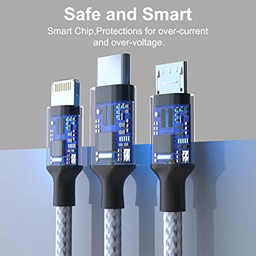 Multi 3 во 1 USB долг кабел за полнење со iPhone, 3M/10FT најлонски плетенка Универзален полнач за полнач USB C/Micro USB/Atherning Connector