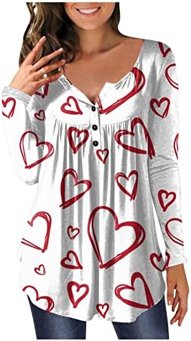 Симпатична срцева графичка Туника на врвови за жени со долги ракави на в Valentубените со долги ракави, копче надолу со маица со В-вратот за хеланки