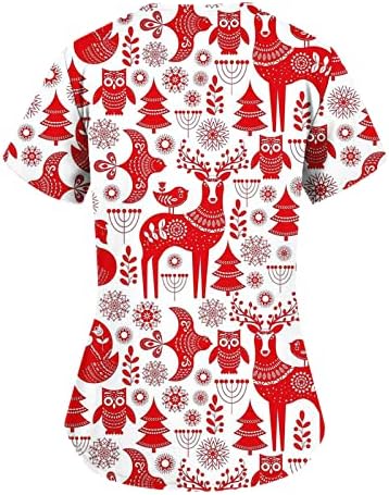 Божиќни чистачи врвови жени кратки ракави против вратот за вратот, симпатична кошула за цртани филмови со џебови Нова Година 2023 година