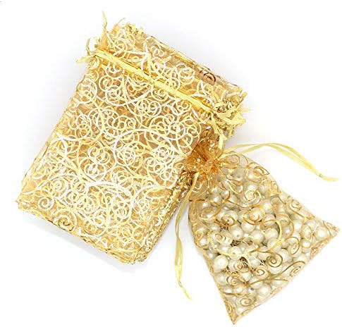 Торби За Подароци Старуби Органза 100 парчиња Златна Проѕирна Торба За Органза 4х6 Инчни Мрежести Чанти За Накит Со Врвки Jewан Печатени Торбички