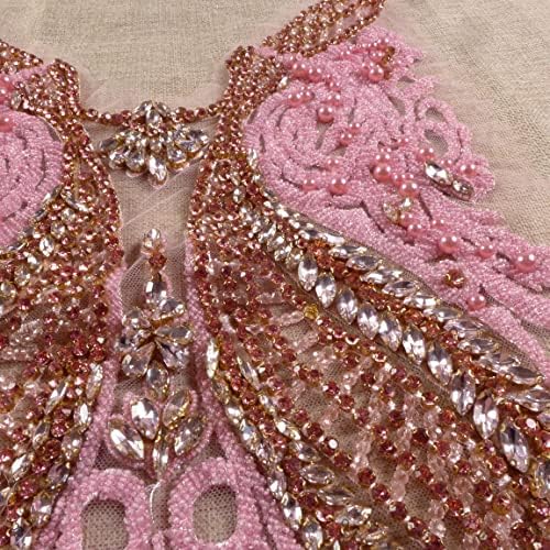 La Belleza Pink Rhinestones Applikes Patch for Fuest, прекрасен квалитетен монистра со монистра за крпа или невестински 12,5 *21.5 V вратот