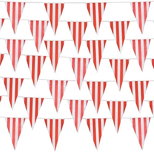 100 Нога Знаменце Банер, 48 Голема Црвена &засилувач; Бели Шарени Знамиња За Циркус, Карневалски Игри, Трки, САД, Фестивал, Деца Роденденски
