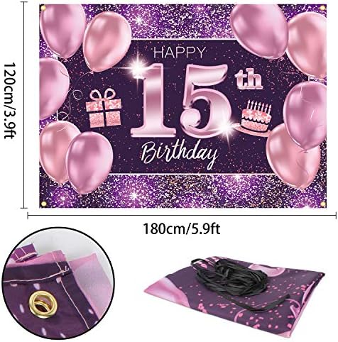 Пакбум Среќен 15-Ти Роденден Банер Позадина - 15 Роденден Декорации Материјали За Девојка-Розова Виолетова Злато 4 х 6фт